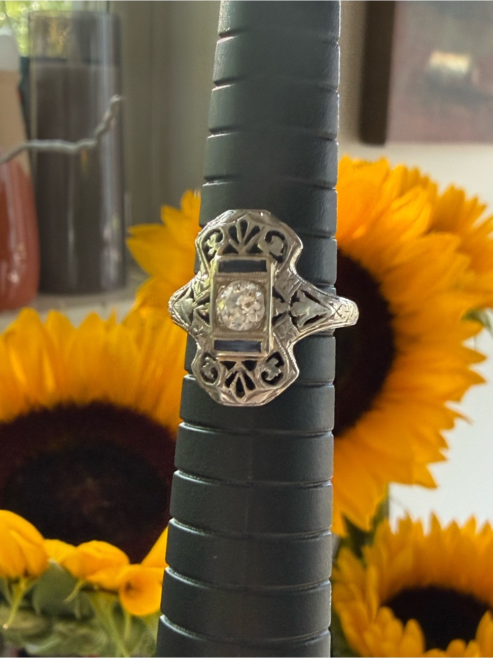 Antique Art Deco 18K Gold Platinum Diamond French Cut Sapphire Ring Sz 5.75